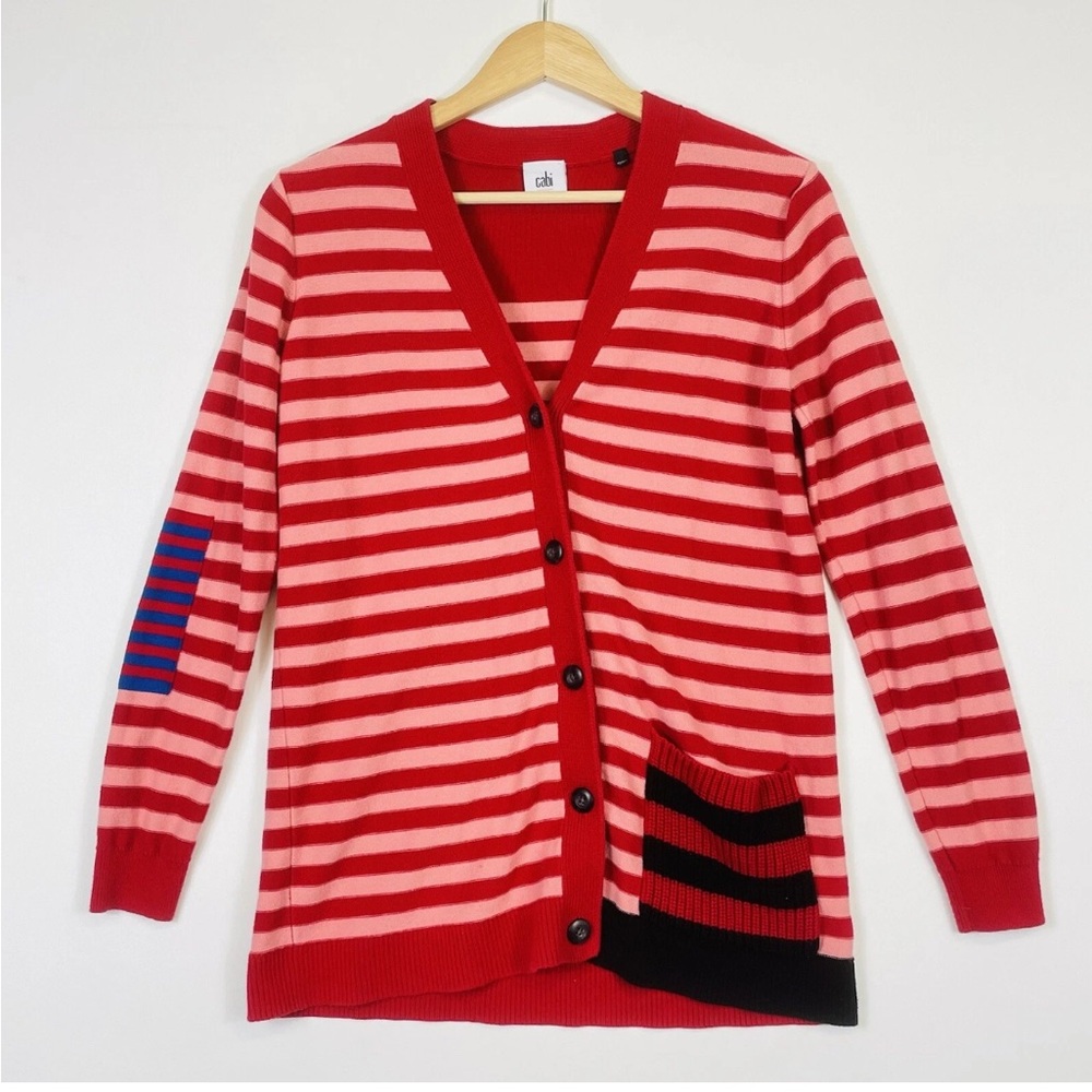 Cabi Cardigan Sweater Womens XS Red Pink Striped Button Pocket Cotton Knit